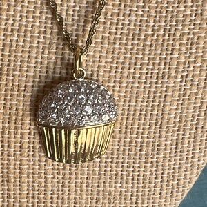 Gold tone 18” cupcake necklace with clear faceted rhinestones